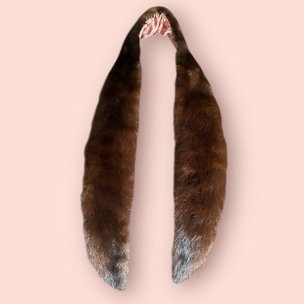 Vtg Fur Mink Scarf Dark Brown Classic Old Money Collar Stole Pink Satin Lined